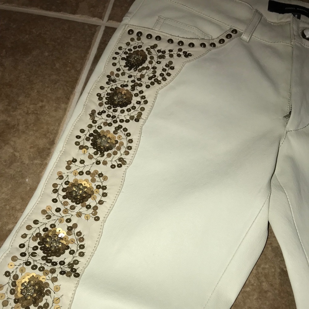 Isabel Marant Cream Leather Pant with Gold Sequin - Picture 2 of 12